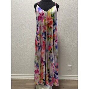 Floral Watercolor Maxi Dress Pink Purple Yellow V-Neck Spaghetti Strap Summer